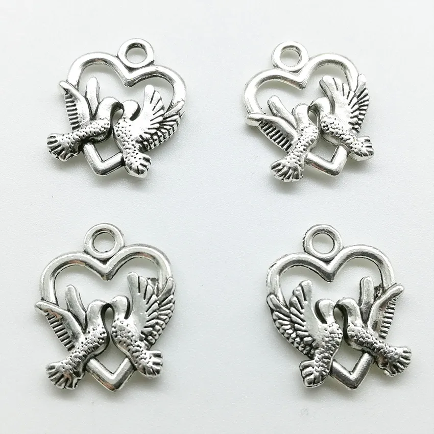 100 pçs / lote pomba coração tibetanos pingentes de prata jóias diy para colar pulseira brincos estilo retro 19 * 15mm