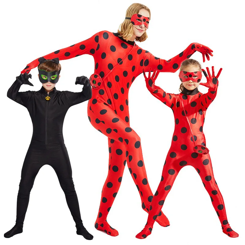Kid Girls Miraculous Ladybug Cosplay Costume+Mask+Bag Jumpsuit Tight Fancy  Dress
