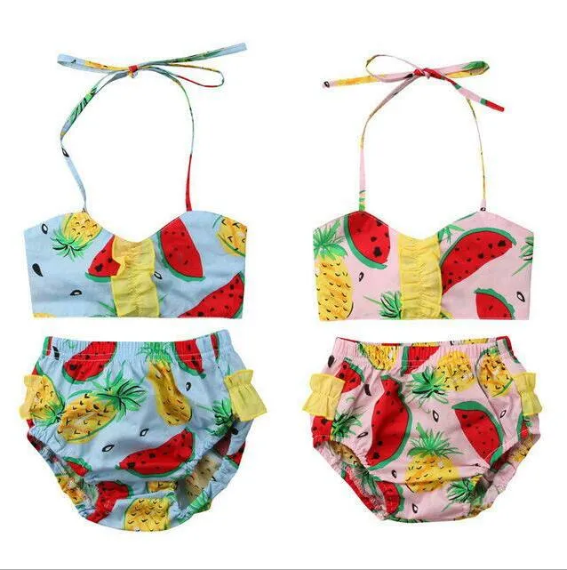 Girl Swimwear Kids Pineapple Swimsuit Summer Fruit Printed Two-piece Bathing Suits Child Bind Top Ruffle PP Pants Bikini Beachwear CYP664