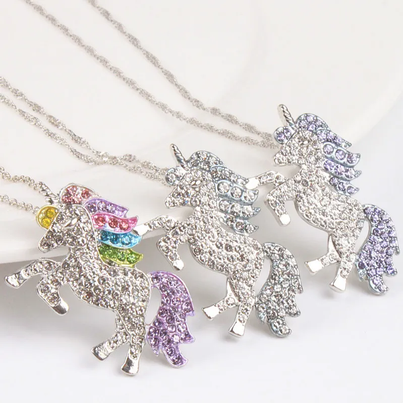 kids and women necklace colorful unicorn diamond pendant necklace children sweater chain jewellery accessories free shipping