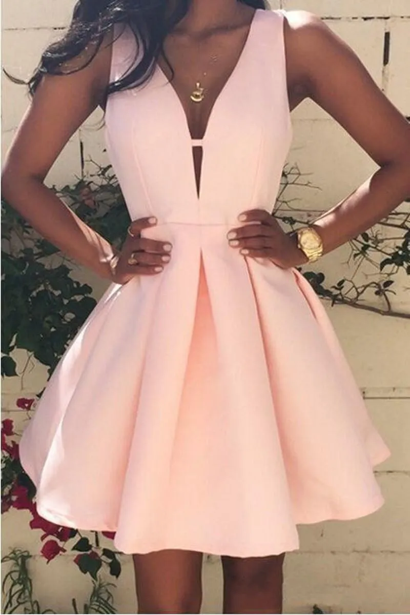 2019 Pink Short Cocktail Dresses V neck Backless Stain Mini Stain Ruffles Prom Party Dress Custom Made Special Occasion Gowns 1234