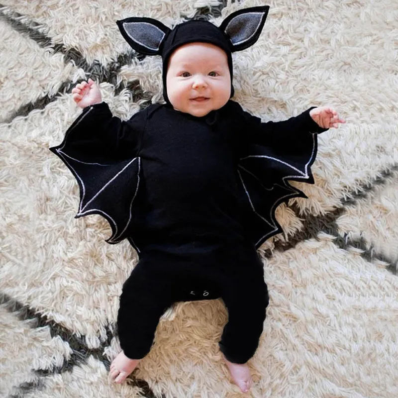 Retail 5 stilar Baby Halloween Bat Romper med Hooded Toddle Spädbarn Långärmad Jumpsuit och Flying Sleeve Broderade Blommor Rompers