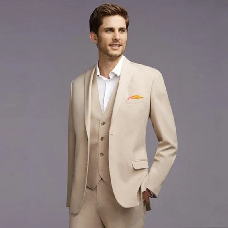 Ny Slim Fit Beige Men Suits Wedding Groom Tuxedos Bridegroom Set 3 Pieces (Jacket+Pants+Vest) Bästa man Blazer Prom Wear 211