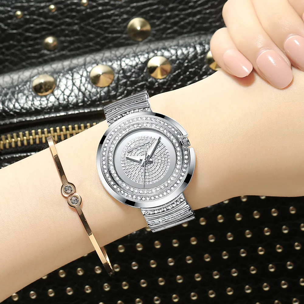 Женская мода повседневные аналоговые Quartz Watches Crrju Женские бриллианты хрустальные браслет браслет -часы Feminino Pired Clock