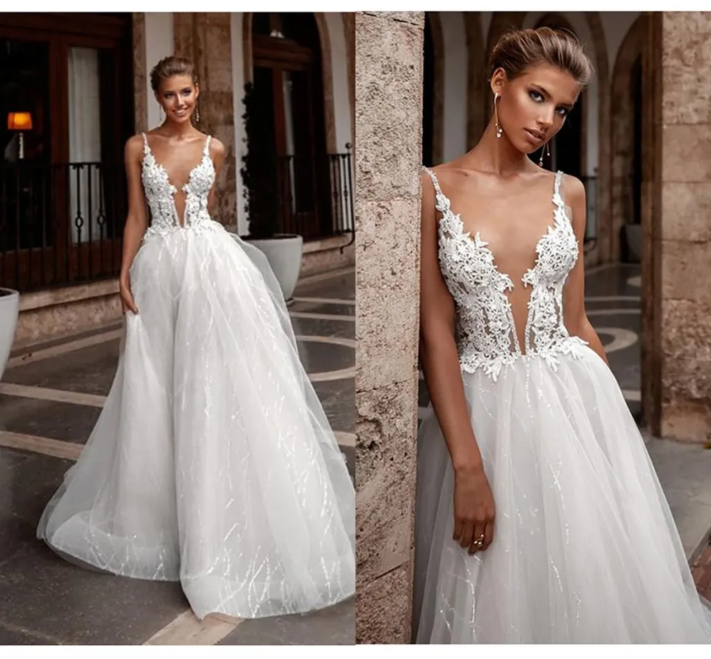 Glitter Tulle Empire Waist Berta Wedding Dresses 2020 Floral Lace Sheer Scoop Plunging Garden Wedding Gowns Vestidos De Novia Bridal Dress