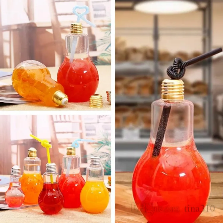 Verres ampoule bouteille de boisson bouteille de thé au lait bouteilles de jus en plastique tasses de yaourt créatives avec des outils de tasse de paille 4680