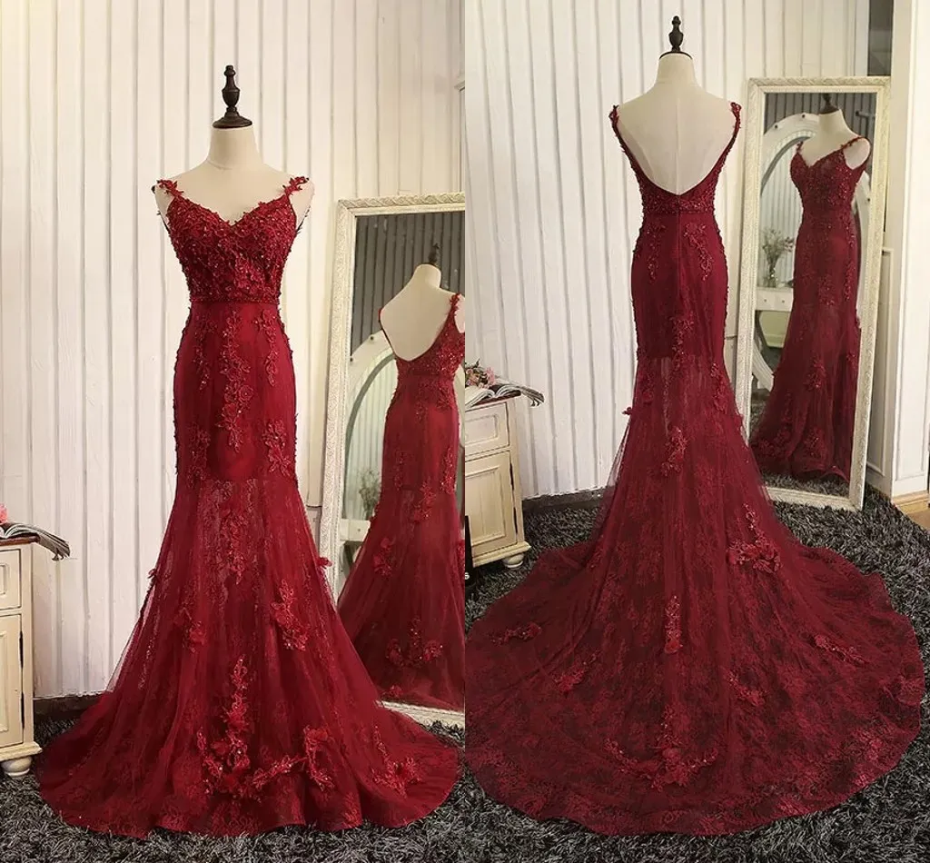 Sexy Bugundy Deep V Neck Lace Prom Bridesmaids Dresses With Spaghetti ...