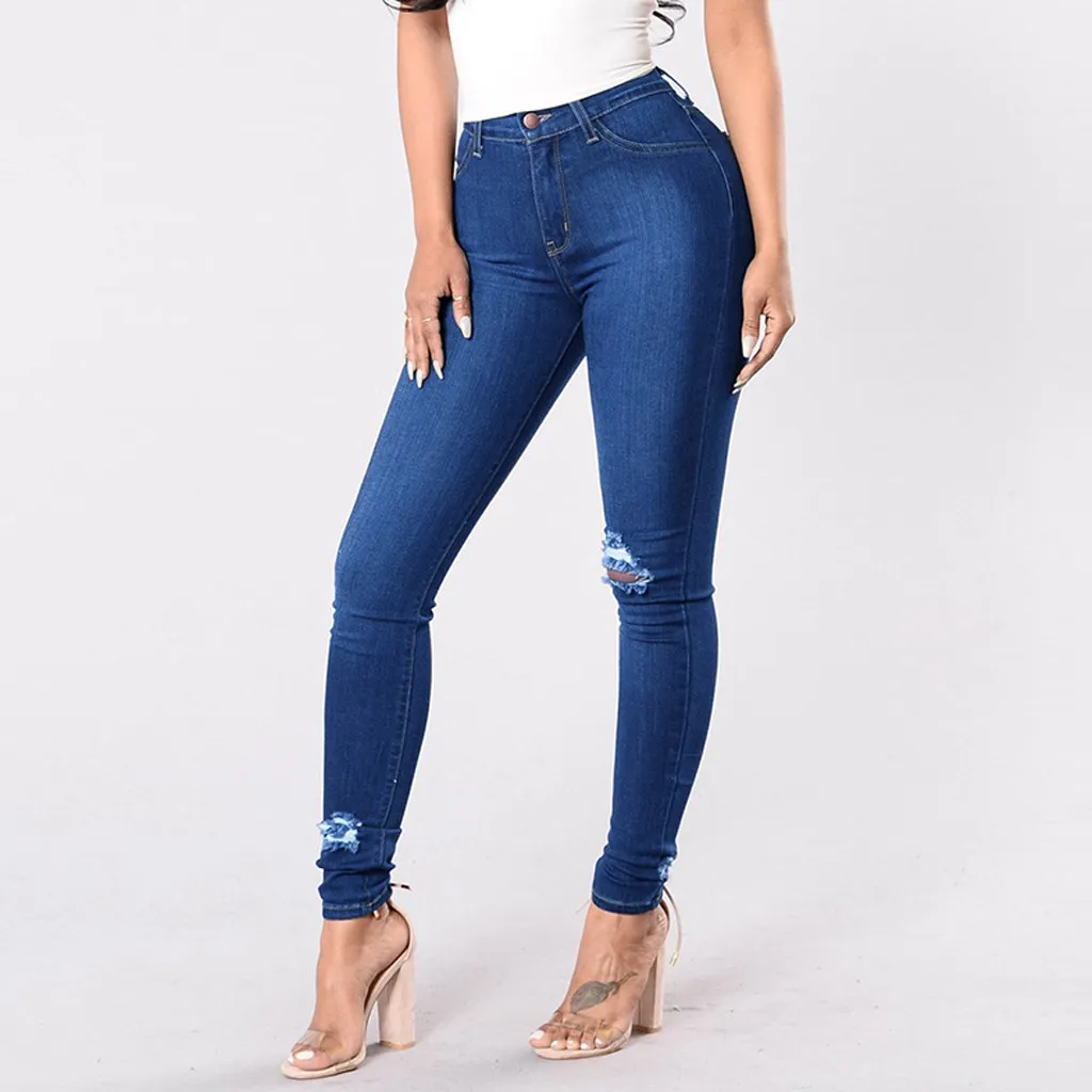 Dünne Jeans Frau Mittleren Taille Lange Feste Taste Loch Tasche Mode Lässig Denim Stretch Bleistift Hosen Jeans Mujer 3XL OY41 *