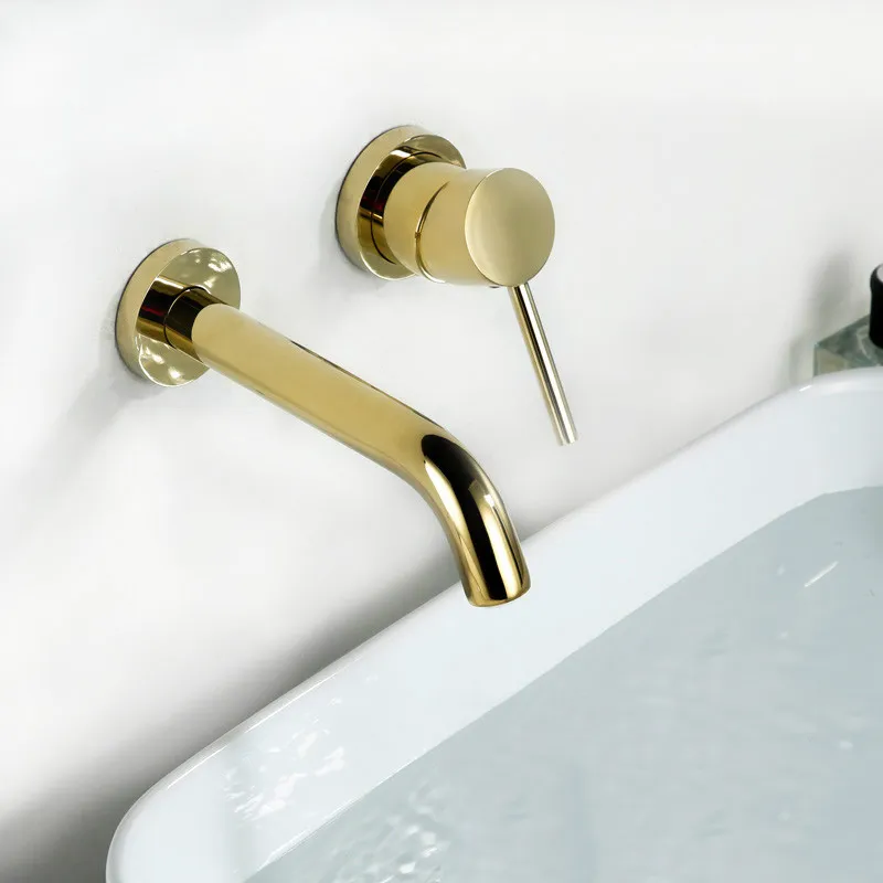 Gold Color Simple Wall Mounted Bathroom Faucet Solid Brass Single Handle Basin Water Mixer Faucet Golden Tap War