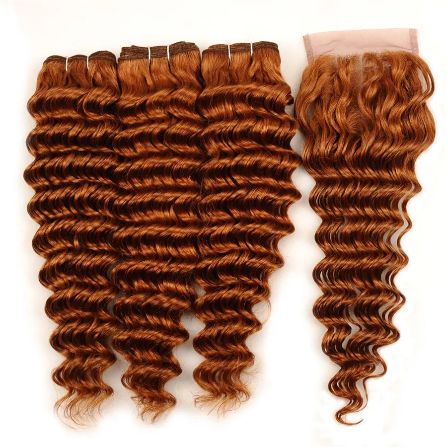 30 # Light Auburn Deep Wave Bundles With Closure 버진 브라질 인모 엮음 레이스 클로저 4x4 무료 부품이있는 3 번들 거래