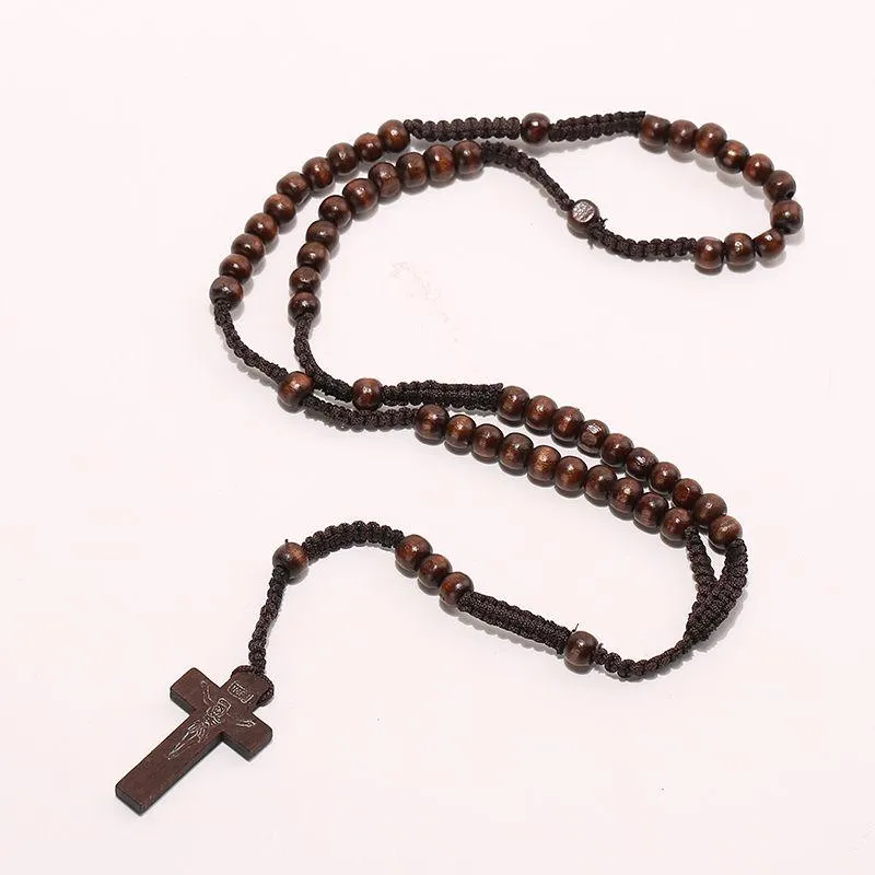 Wooden Cross Men's Catholic Necklace Handmade Wooden Rosary