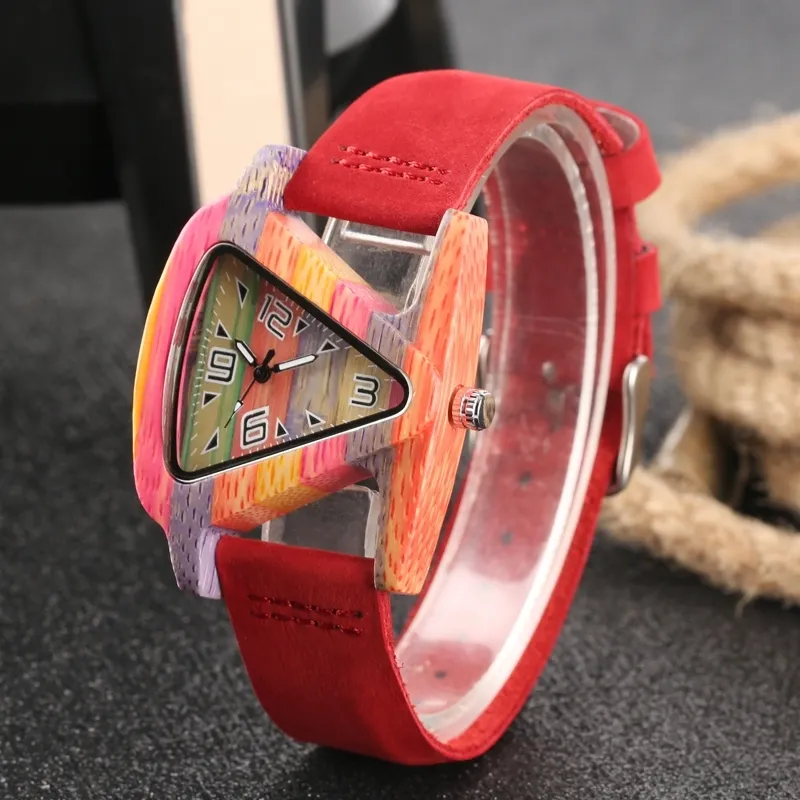 Unique Colorful Wood Watch Creative Triangle Shape Dial Hour Clock Women Quartz Leather Bracelet Watch Women