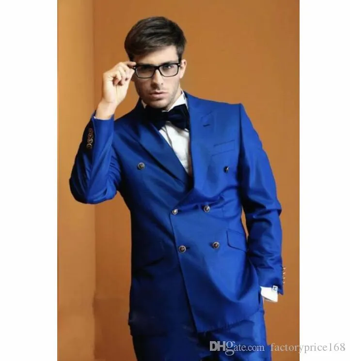 Popüler Royal Blue Groomsmen çift Breasted (Ceket + Pantolon + Kravat) Damat smokin Groomsmen Best Man Suit Erkek Düğün Suit Damat A215