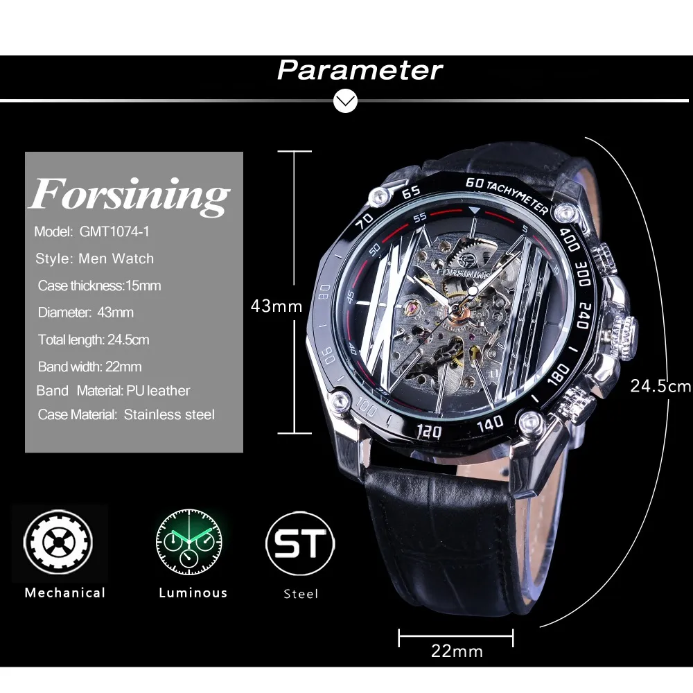 FORSINING Orologio Meccanico Automatico Da Uomo, Acciaio Inox, Quadrante Nero Con Data E Tourbillon, Cinturino In Pelle - 3