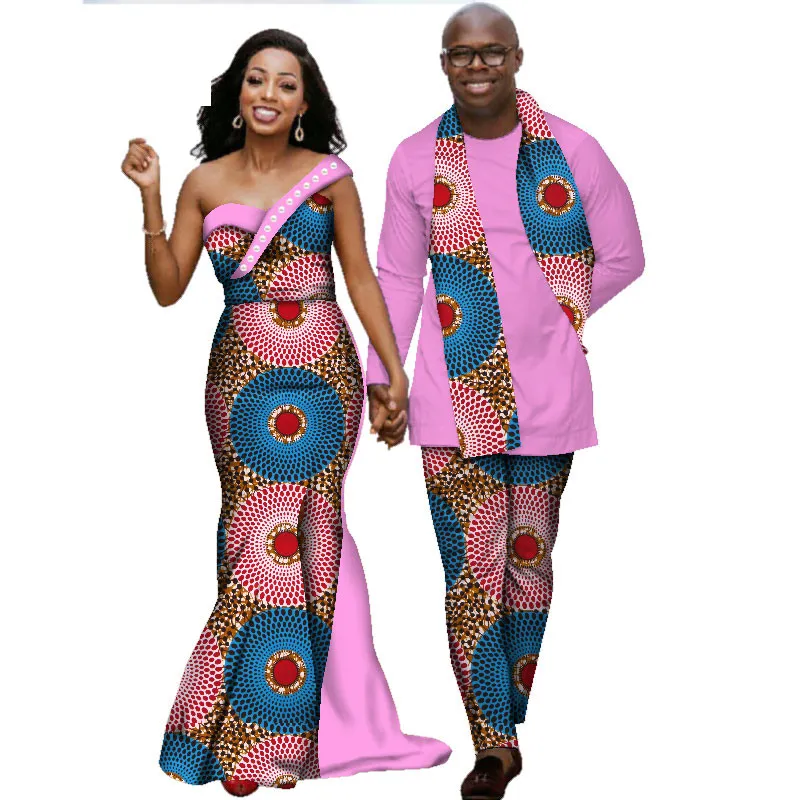 African Dresses for Women Bazin Riche Mens Shirt and Pant Sets Lover Couples Clothing Print Long Dress African Clothing WYQ139