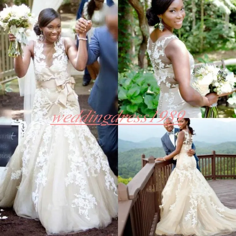Charming African Applique Country Mermaid Wedding Dresses Sheer Sash 2k19 Train Bride Champagne Vestido de novia Wedding Gowns Bridal Ball