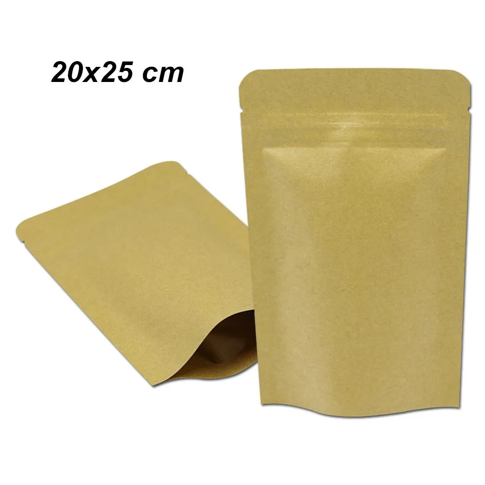 20x25 cm Papier Kraft Mylar Folia Stand Up zip Packing Pack Torby do suchej żywności Przekąski Resealable Folia Aluminiowa Samo uszczelniająca Wouch