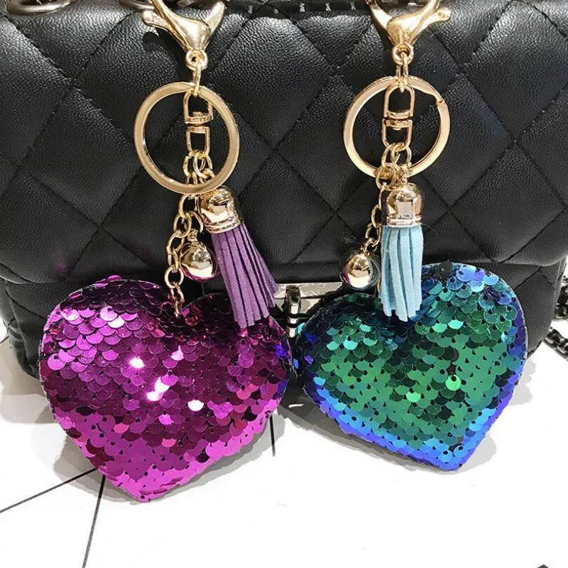10 pcs/Lot filles mode bijoux porte-clés paillettes coeur forme avec gland pendentif ornement porte-clés pour femmes sacs décoration