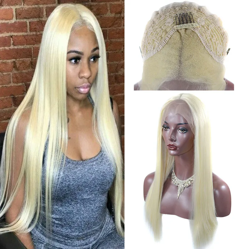 Hot 180% Density 18-24 Inch #613 Blond Synthetic Wigs Silky Straight Glueless Synthetic Blonde Lace Front Wigs For Women Heat Resistant