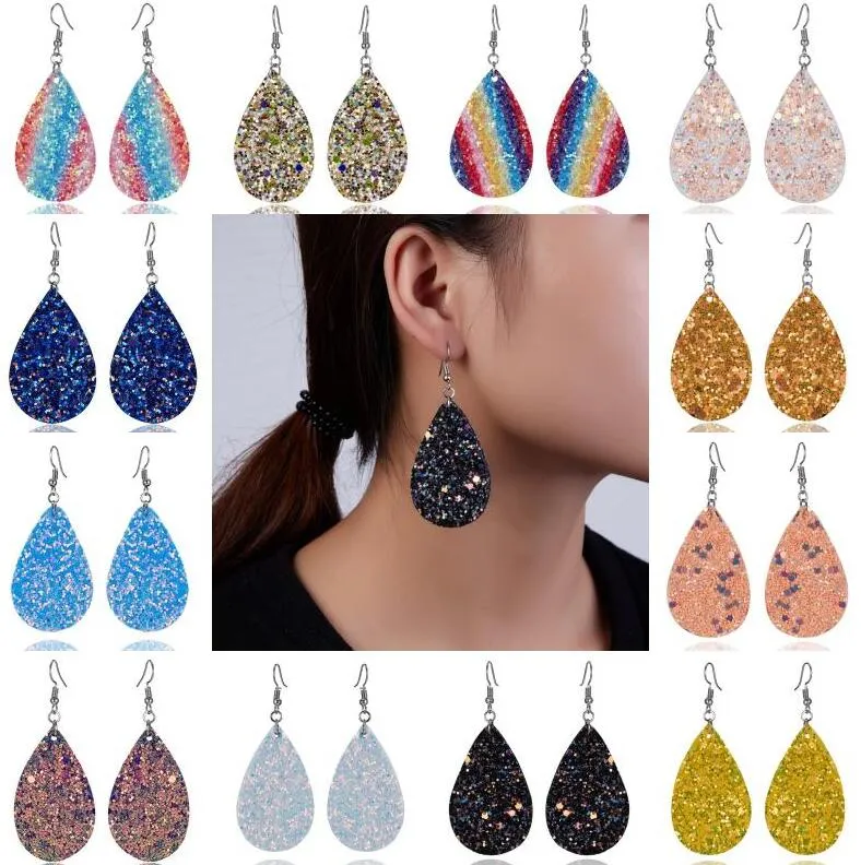 Fashion Teardrop Glitter Leather Drop Earrings For Women Statement Rainbow Color PU Sequins Water Drop Earring Valentine's Day Jewelry