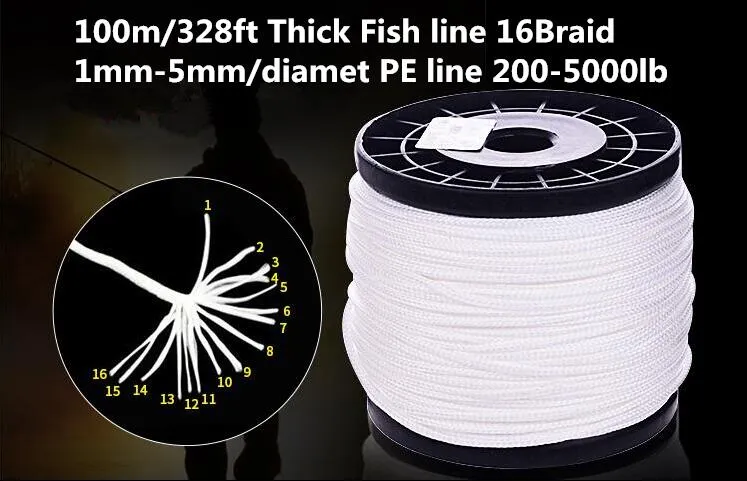 100m/328ft Thick Fish Line 16Braid 1mm 5mm/Diamet PE Line 200
