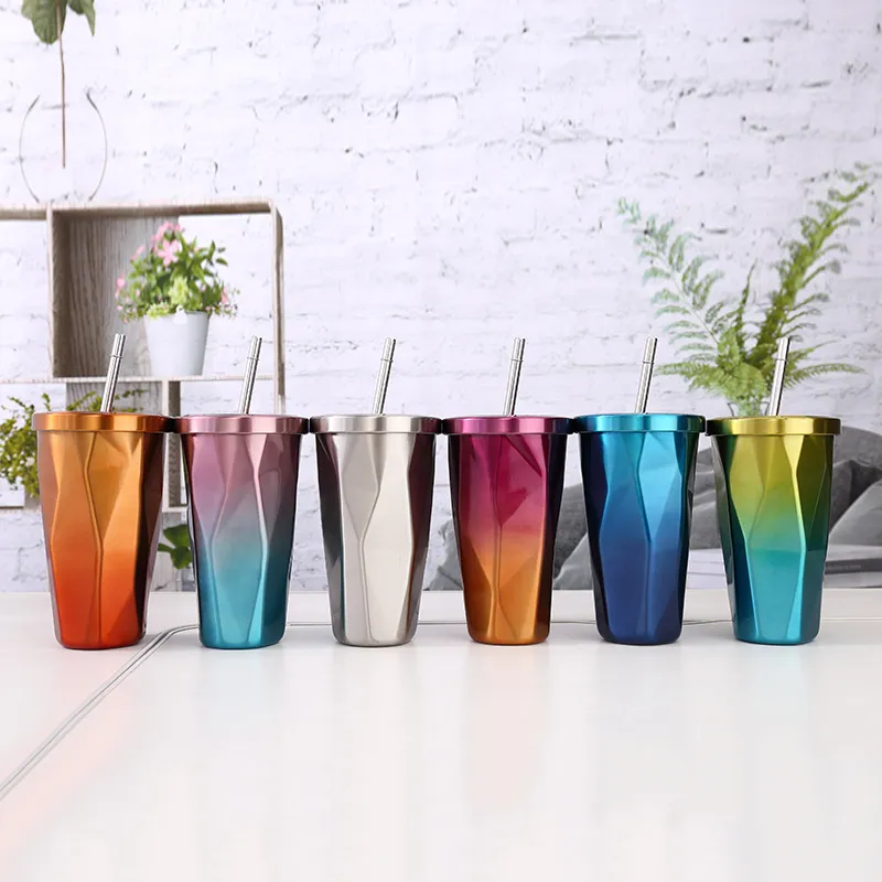 Tasses de voiture en diamant en acier inoxydable de 500ml, tasse à café de voyage, tasses à thé avec couvercle et paille, tasse dégradé de diamant