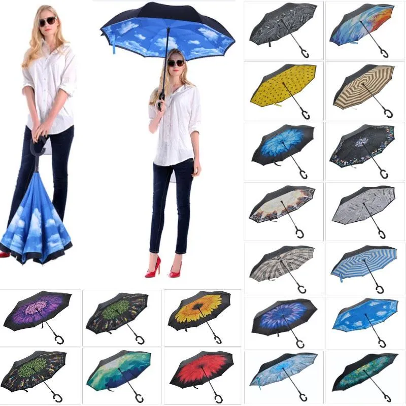 New Folding Reverse Umbrella Double Layer C Handle Umbrellas Inverted Long Handle Windproof Rain Car Umbrellas