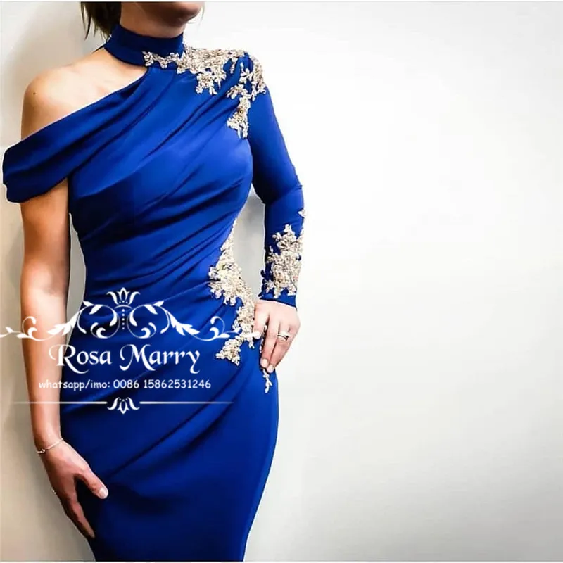 Sexy Royal Blue Sirène Robes De Soirée 2019 Col Haut Or Dentelle Appliques Manches Longues Plus La Taille Africaine Arabe Célébrité Formelle Robes De Bal