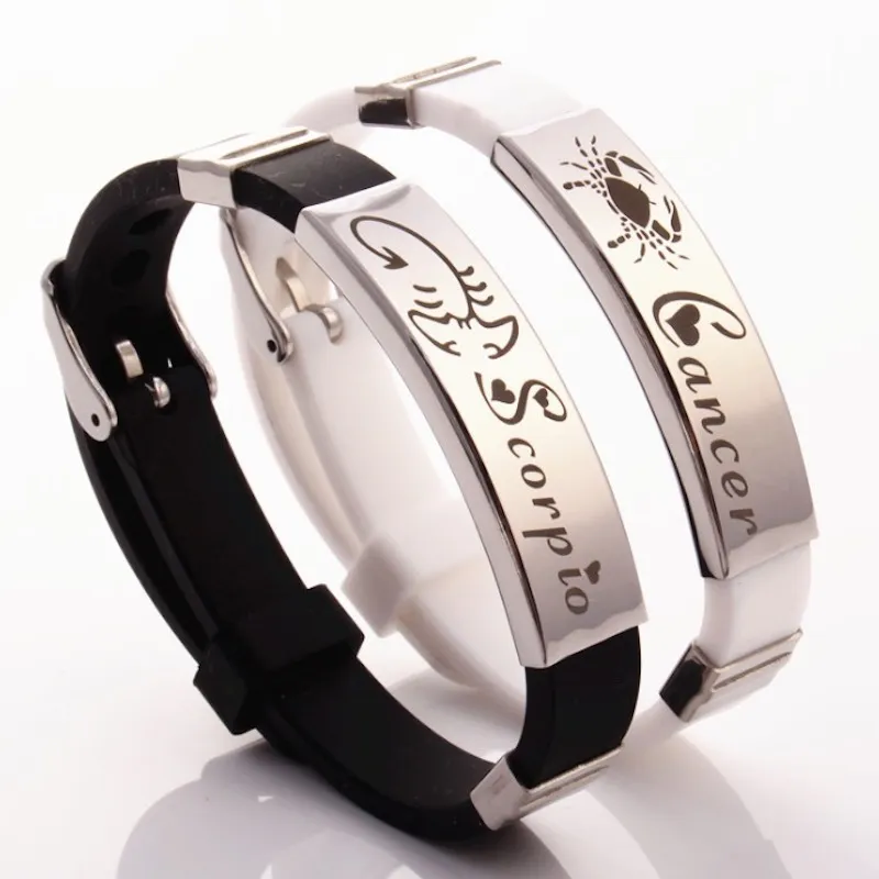 Borracho de borracha de aço inoxidável pulseira 12 constelações Branco preto silicone pulseira pulseira do zodíaco sinal cuff jóias para mulheres amantes presentes