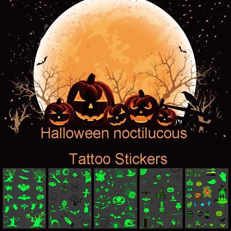 Fulgor da tatuagem impermeável luminosa do Halloween Etiqueta do fantasma da abóbora no adesivo escuro Fulgor Tatuagem Tatuagem adesivo Fontes DBC VT0718