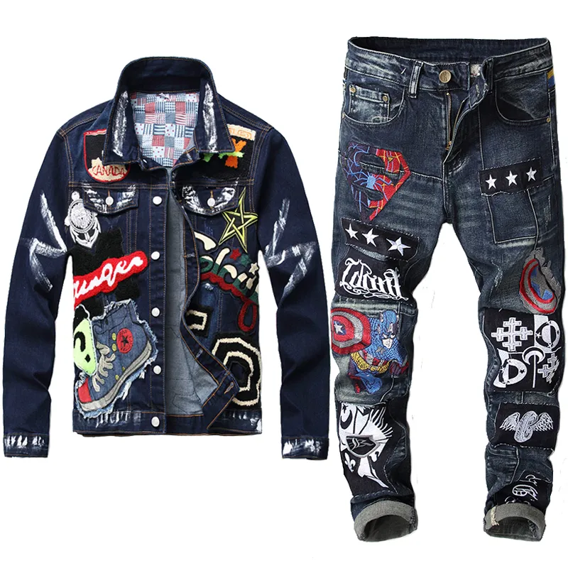 Dark Blue Tracksuit Embroidery Patch Design Jacket Jeans 2 Piece Set Multi-badge Skull Jeans Sets Slim Denim Jacket and Flag Badge Paint Jeans