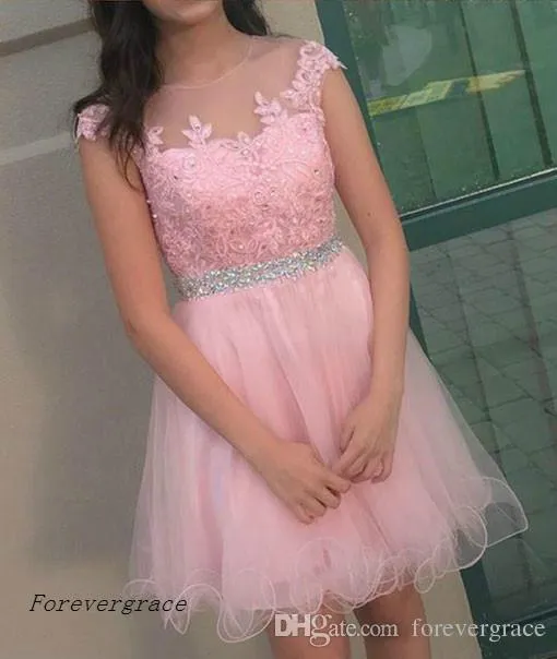 2019 Pink Sheer Lace Tulle Short Homecoming Dress Jewel Neck Beaded Juniors Sweet 15 Graduation Cocktail Party Dress Plus Size Custom Made From Forevergrace 86.98 DHgate.Com
