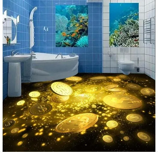 Personalizado 3D Foto Mural Papel de parede PVC Auto-adesivo Piso à prova d 'água adesivo de parede Dreamy bonito moeda de ouro estrelado