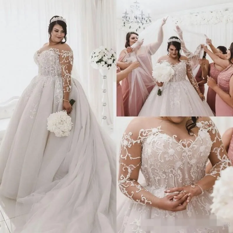 2020 Plus Size Wedding Dresses Long Illusion Sleeves Lace Applique Jewel Sheer Neck Beaded Pearls Custom Made Chapel Wedding Bridal Gown