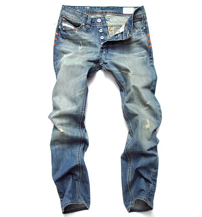 Calça jeans masculina de grife azul claro slim fit casual calças de algodão soltas