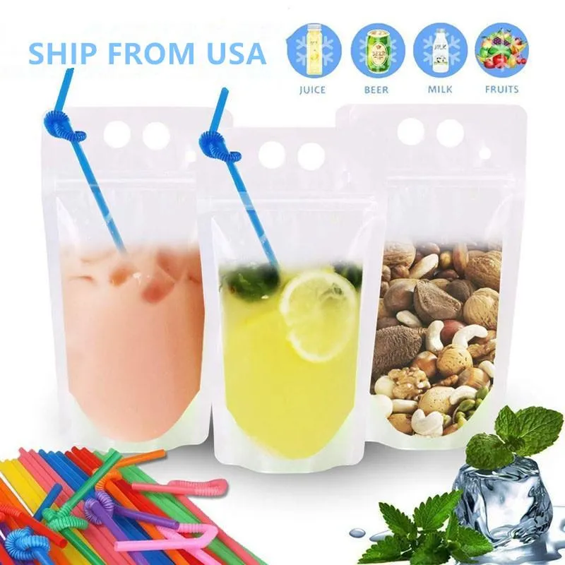 USA Lager Clear Drink Pouches Väskor Frosted Zipper Standup Plast Dricksväska med halm med hållare återlöst värmebeständig