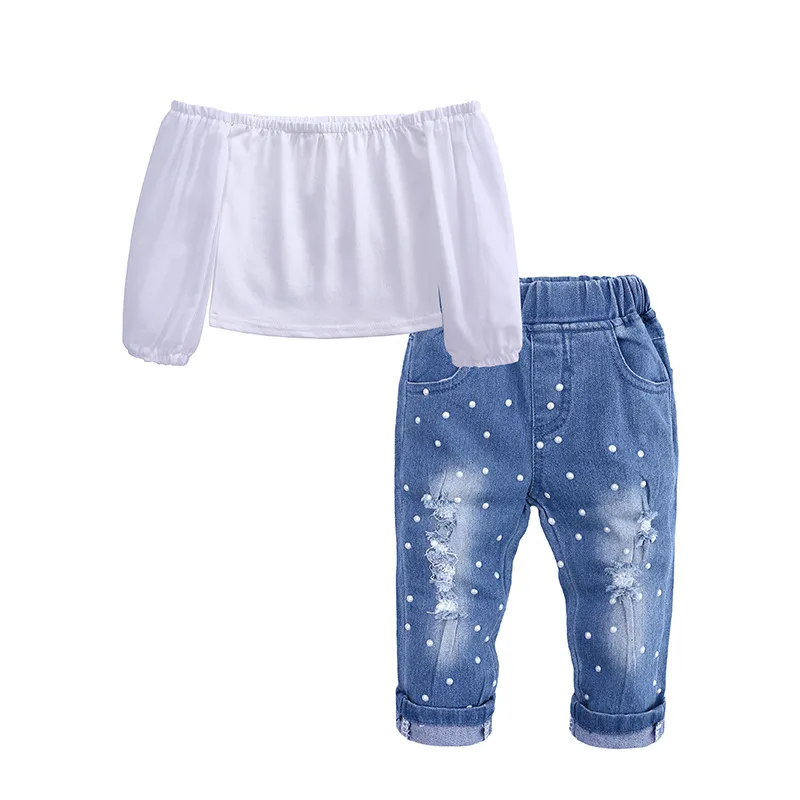 Completi di abbigliamento per bambina alla moda per bambini Top con spalle scoperte per bambini bianco + pantaloni in denim con foro Jean fascia per capelli 2 pezzi abito per bambini per bambini