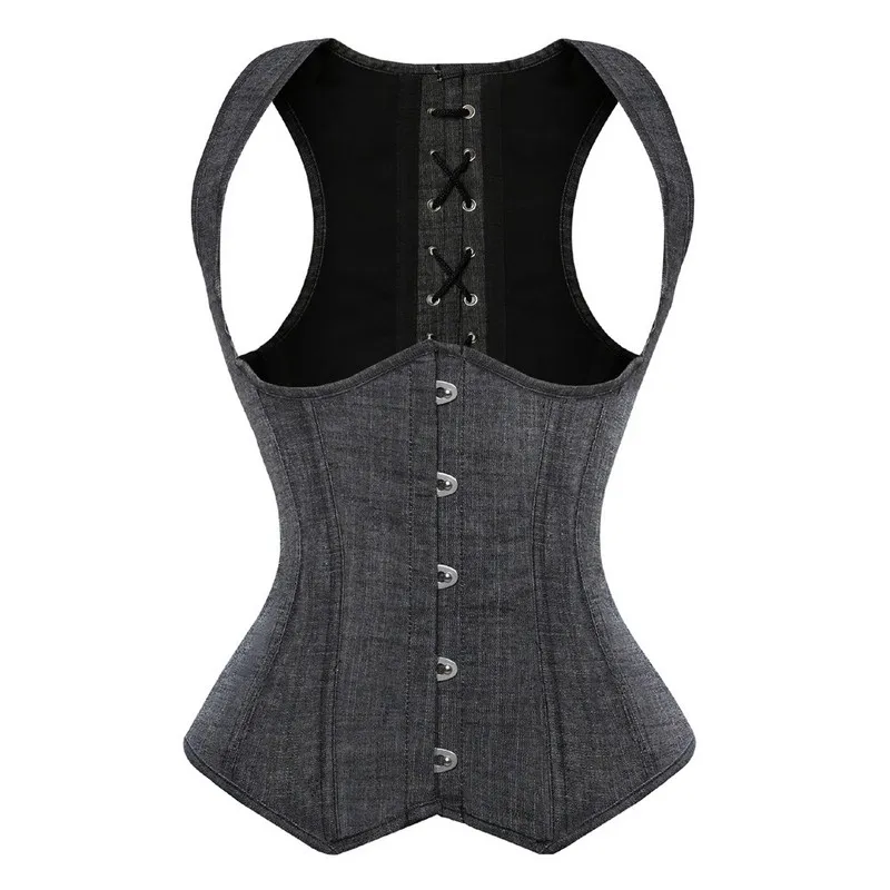 Women Grey Denim Halterneck Underbust Gray Corset Vest Plastic