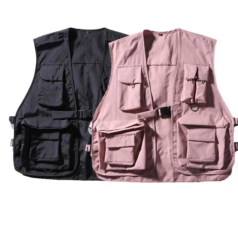 Hip Hop Loose Vest Sportswear Mens Pink Cargo Waistcoat with Pockets Jacket Coat Streetwear Tactical Vests Sweatshirts