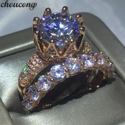 Choucong Lady Crown anel set 10mm Claro Diamante Cz Rose Gold Filled 925 de Noivado De Prata Anéis Da Banda De Casamento Para As Mulheres jóias