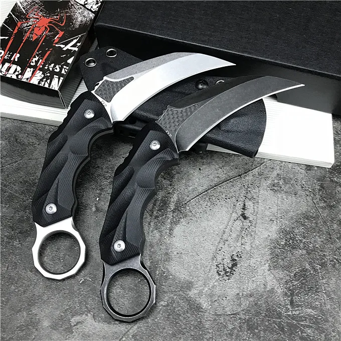 Topkwaliteit Karambit Vaste Blade Claw Mes D2 Stone Wash Blade Black G10 Handvat Survival Tactical Messen met Kydex