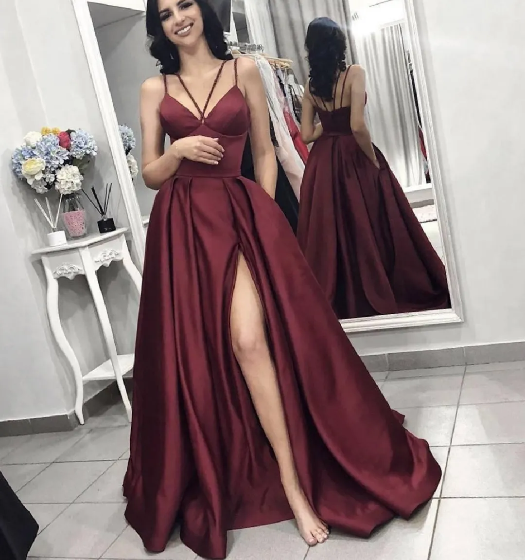 Sexy Burgundy Prom Dresses Long Spaghetti Straps High Side Split Backless Formal Dress Evening Wear Vestidos de fiesta largos