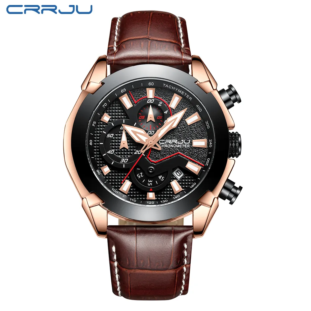 CRRJU Mens Fashion Sport Watches Men Quartz Stopwatch Date Reloj de cuero masculino Reloj impermeable Relogio Masculino276i