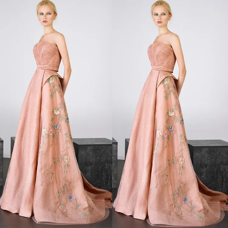 Elegante strapless avondjurken unieke ontwerpmouwen twee stukken Prom-jurken vloer lengte applique vrouwen jurken