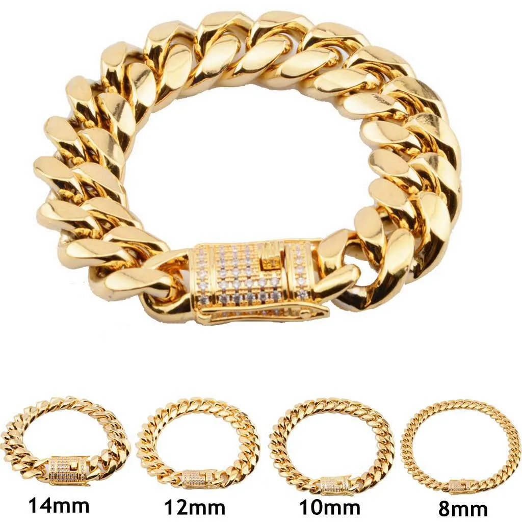 8mm / 10mm / 12mm / 14mm / 16mm / 18mm Bracelets en acier inoxydable plaqué or 18 carats pour hommes Bracelet à maillons cubains Miami poli haut Punk Curb CZ