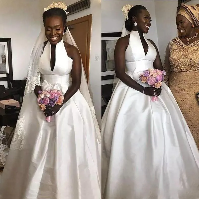Affordable Saudi Arabic A Line Beach Wedding Dress With Stainless Steel V Neck Halter Neckline And Plus Size Bridal Halter Evening Gown Perfect For African Brides Robe De Mariee From Babydress001 68.8...