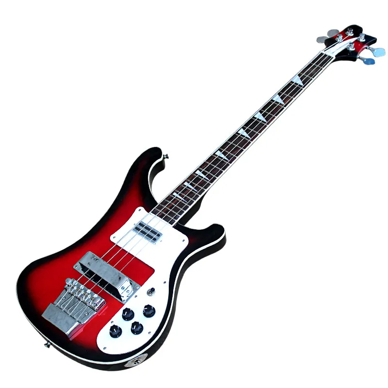 4 sznurki czarne / czerwone ciało elektryczna gitara basowa z wiązaniem ciała, biały pickguard, chromowany sprzęt, może być dostosowany