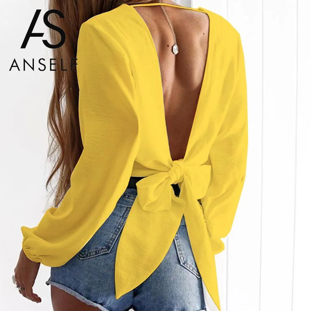 Anself Blusas Mujer De Moda 2019 moda damska bluzka z wiązaniem z tyłu głębokie V Neck bluzki z długim rękawem seksowna koszula z wycięciem krótki top żółty Y190510