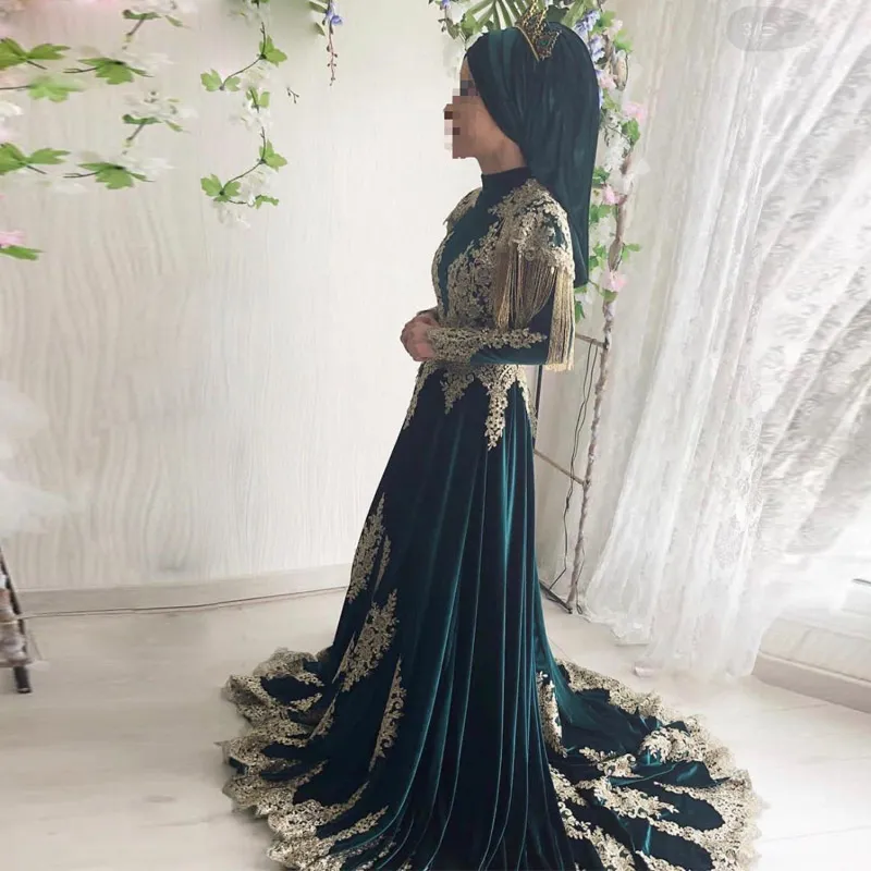 Stunning Dark Green A-Line Wedding Dress with Beading, tassel, and Gold Lace Satin Fabric, featuring a Sweep Train - Perfect for Arabic and Turkish Stunning Dark Green A-Line Wedding Dress with Beading, tassel, and Gold Lace Satin Fabric, featuring a Sweep Train - Perfect for Arabic and Turkish