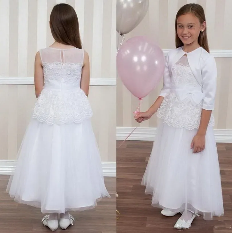 Pure White Dress com Satin Jacket Jewel Neck Tulle vestido da menina flor para o casamento Santo Primeira Comunhão Vestidos Vestidos